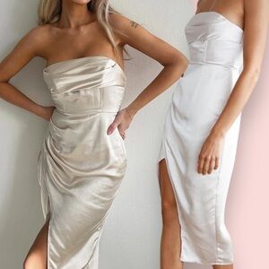 Selfie Leslie DOLCE VITA COWL BUST SATIN CHIC STRAPLESS MIDI DRESS CHAMPAGNE